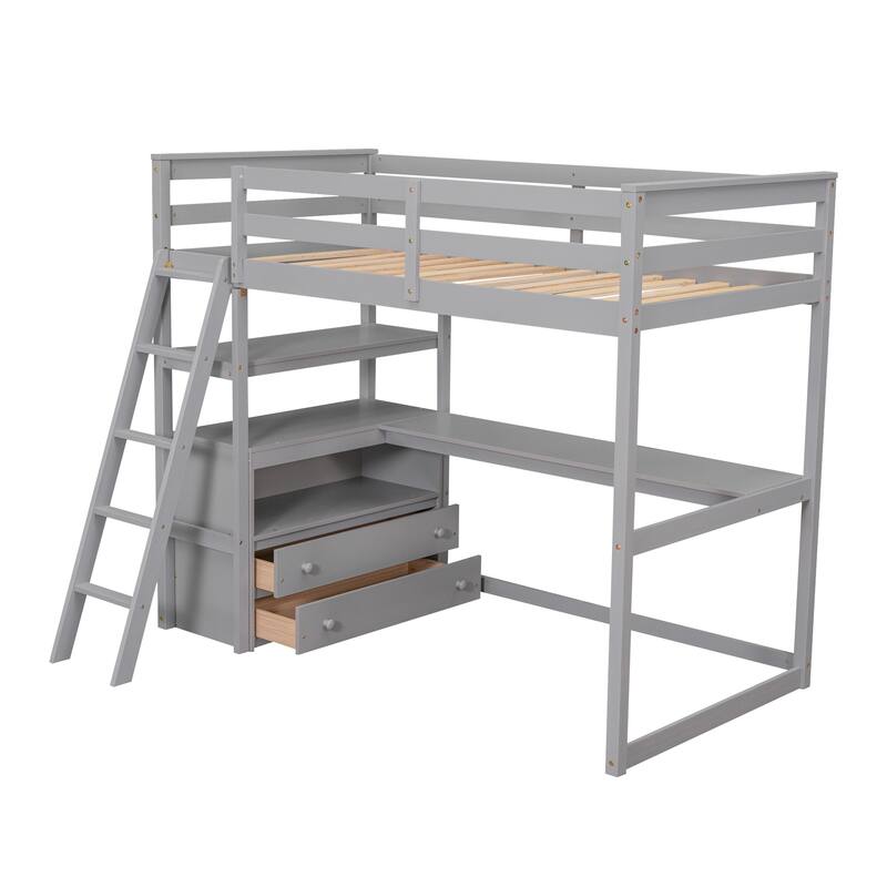 Twin Size Loft Bed with Desk, Shelves, and Two Drawers in Gray