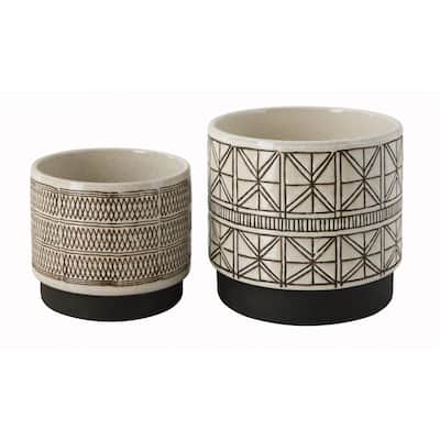 Decorative Stoneware Planters with Geometric Lines - White