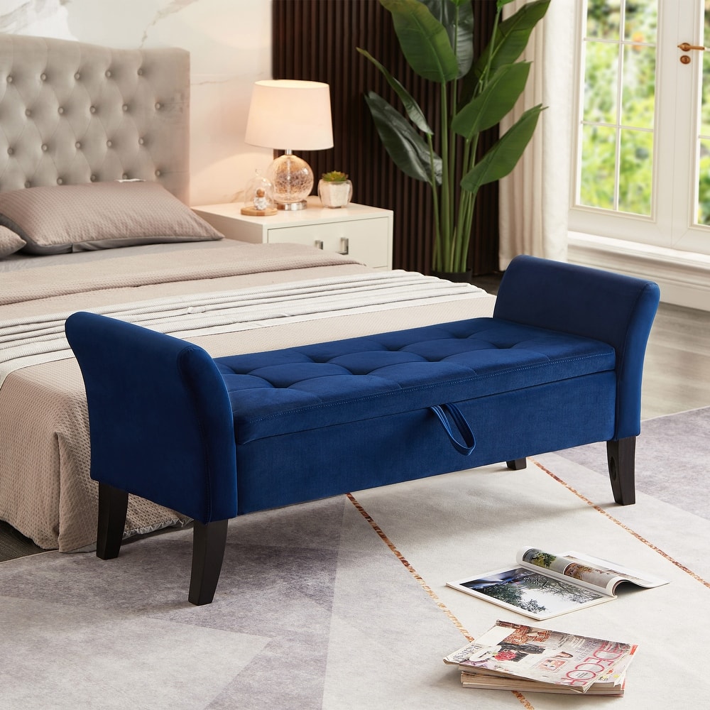 Velvet Storage Bench, Ottoman Bench Upholstered Fabric End of Bed Bench with Wood Legs, Flipping Lid Entryway Footrest