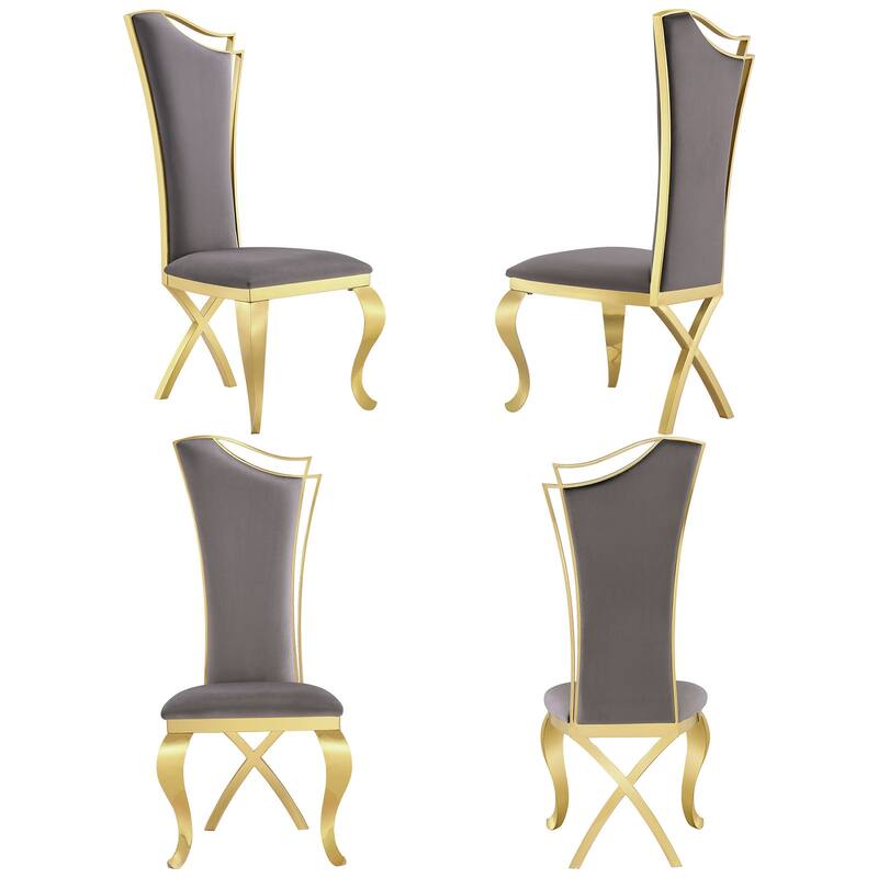 Gray Velvet Upholstered Dining Chairs with high Back and Mirror X-Shaped Metal Legs - 4 chairs - Grey/Gold