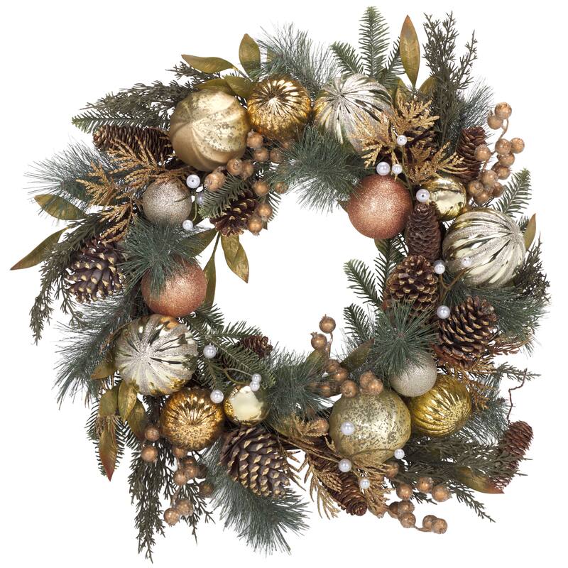 SAFAVIEH Home Faux 28-inch Needle Pine Wreath With Gold Accents Acorns & Ornaments