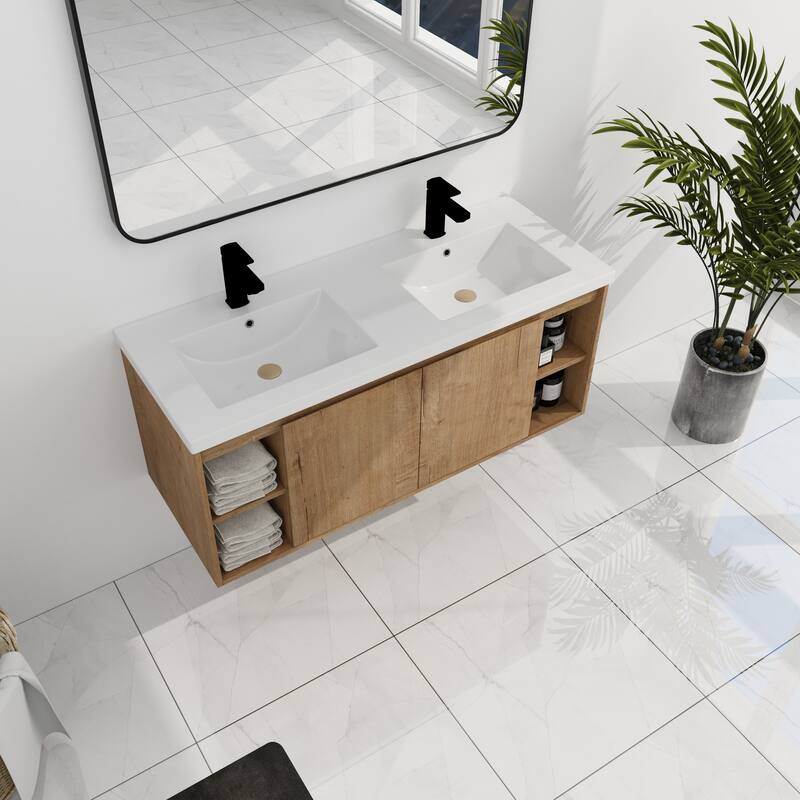 48" Wall Mounted Bathroom Vanity With Double Sink, Soft Closing Door Hinge (KD-Package)