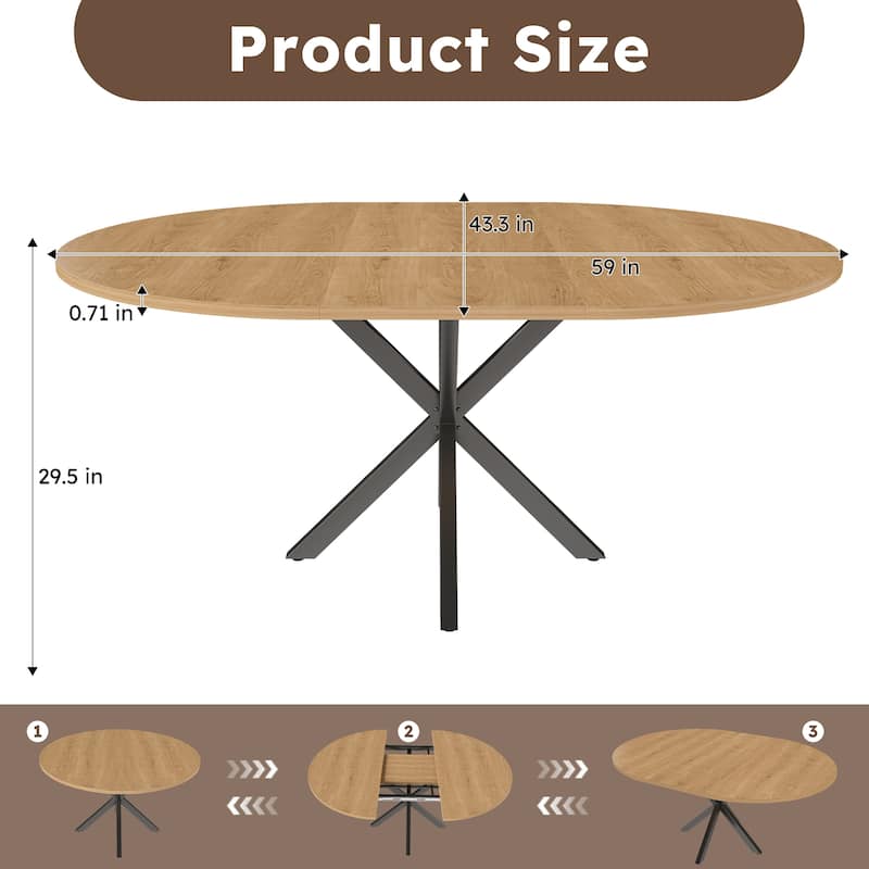 Roomfitters Extendable Round Dining Table for 2-6, 43 to 58 Inch Wood Veneer Expandable Table, Carbon Steel Base, Oak Finish