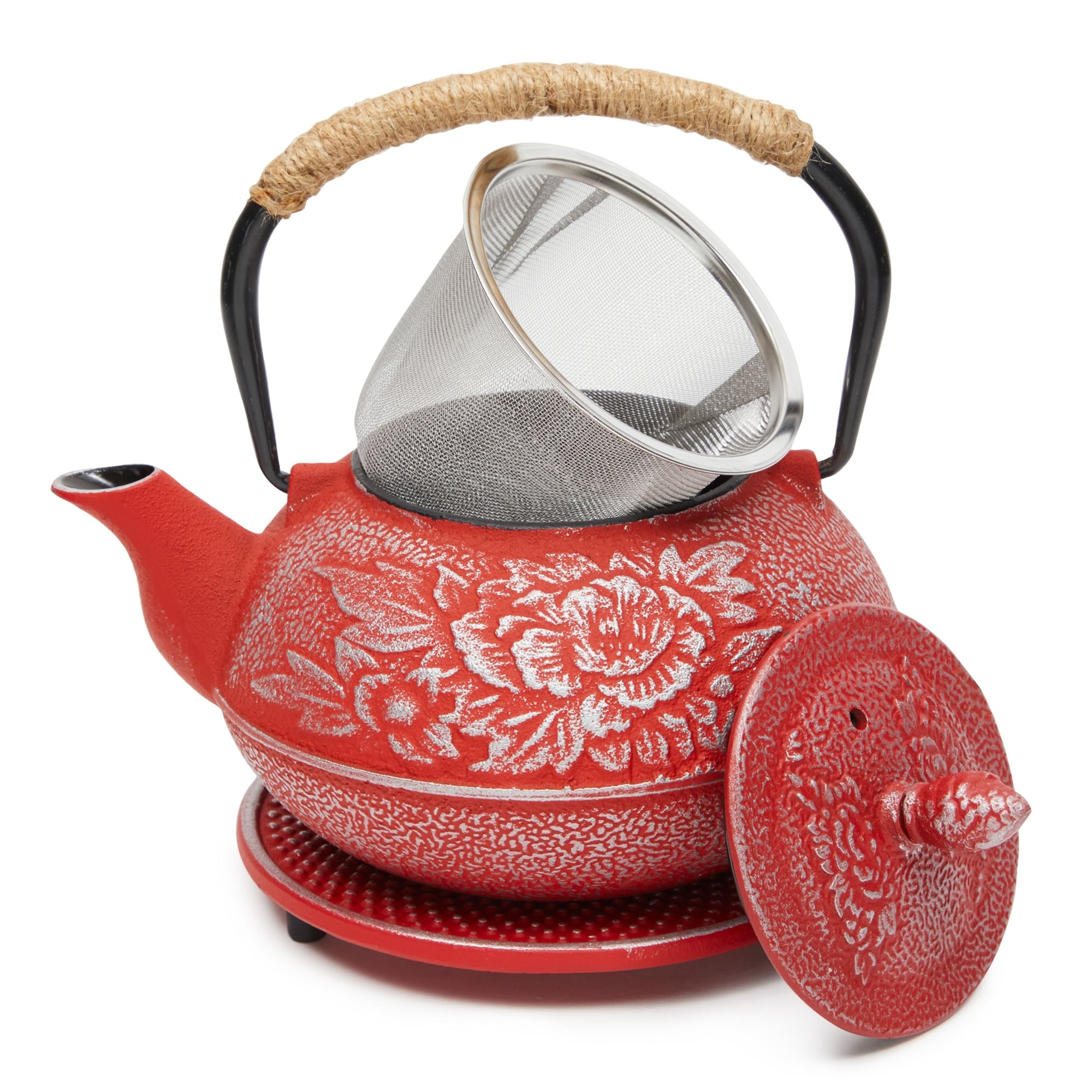 27 oz Red Japanese Cast Iron Teapot Set, Loose Leaf Tetsubin with Handle, Infuser, Trivet (800 ml)