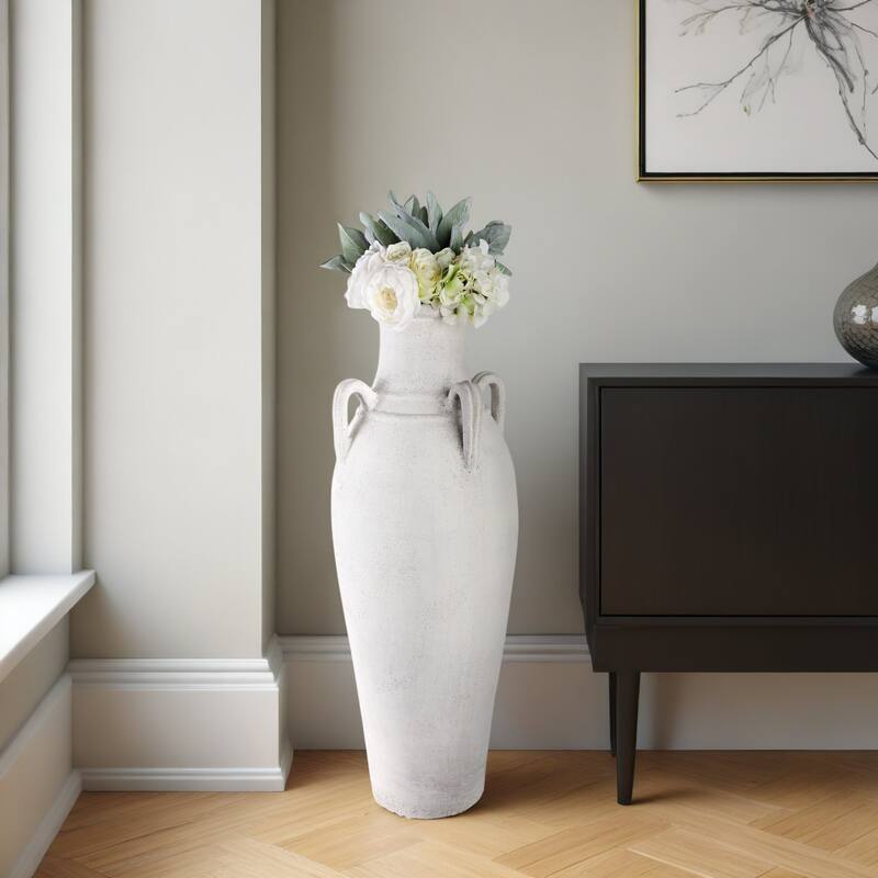 Pottery Terracotta Floor Vase Rustic Dual Handles - 39" Ivory