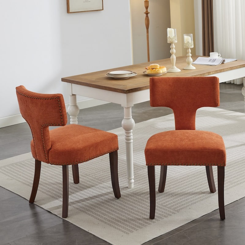 Mid Century Modern Dining Chairs Set of 2, Farmhouse Linen Fabric Upholstered Accent Chair Curved Backrest - Orange