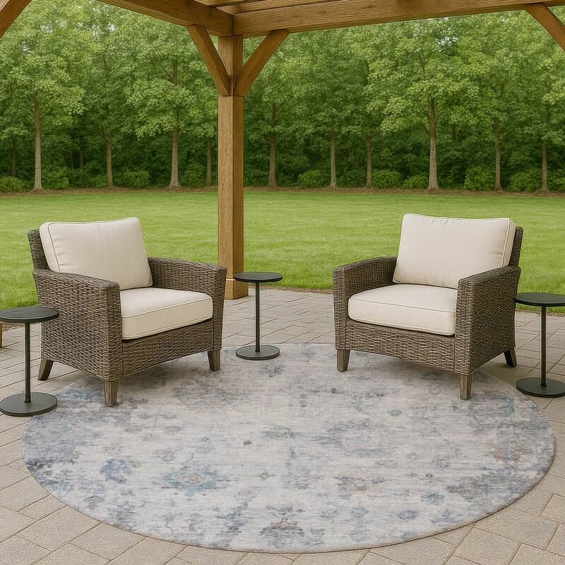 Machine Washable Indoor/ Outdoor Vintage Traditional Chantille Rug - Blue - 8' x 8'