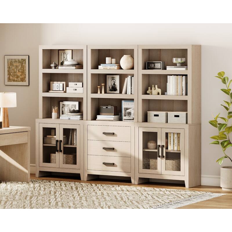 WAMPAT 74" Tall Bookshelf with Glass Doors and Drawers, Farmhouse Bookcase with Adjustable Shelves