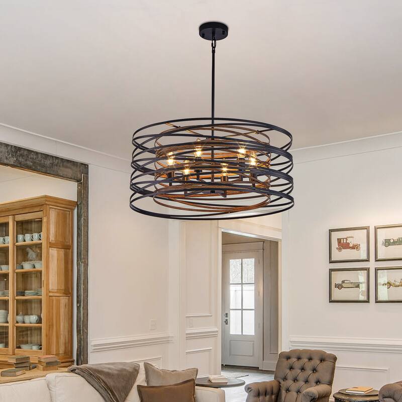 24" Rustic Industrial Pendant Light, 6-Light Black and Walnut Metal Cage Chandelier with Wood Accents (No Bulbs)