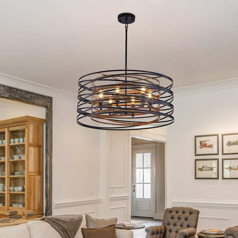 Sofucor 13/20/24 Inch Rustic Industrial Pendant Light,Black and Walnut Metal Cage Chandelier with Wood Accents for Dining Room