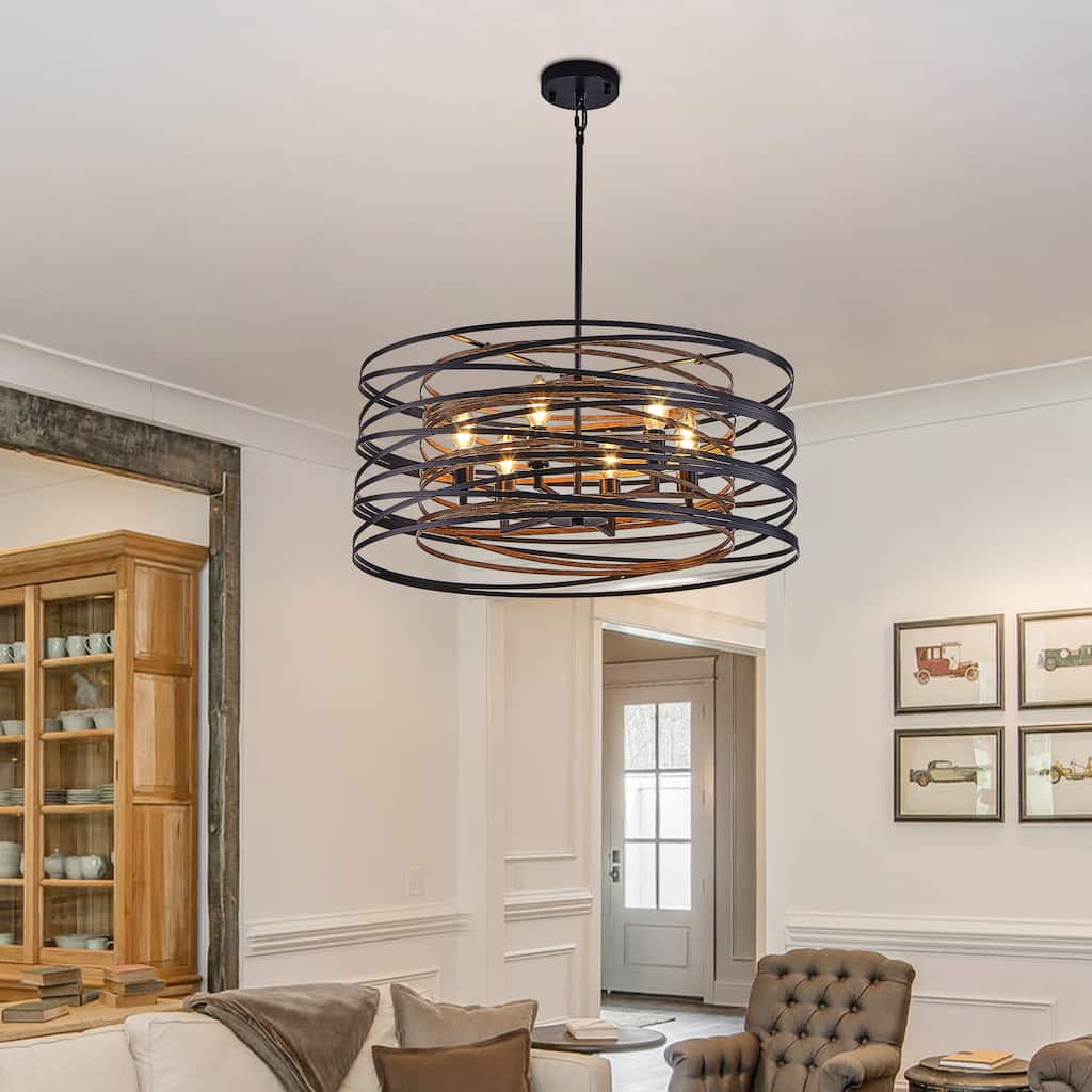 Sofucor 13/20/24 Inch Rustic Industrial Pendant Light,Black and Walnut Metal Cage Chandelier with Wood Accents for Dining Room