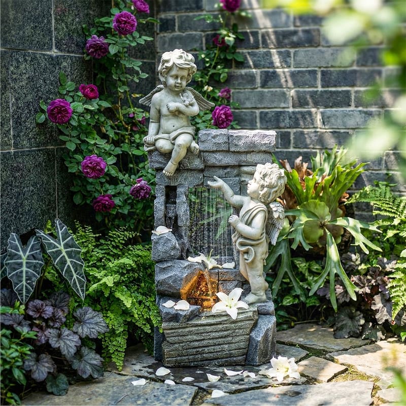 Angel Style Tiered Water Fountain with Water Curtain and LED Lights for Patio Decor