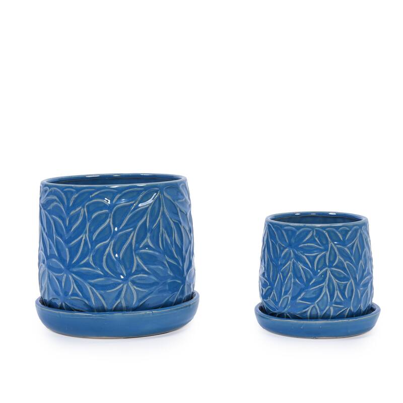 Set of 2 Handmade Modern Embossed Leaf Ceramic Planters with Saucers