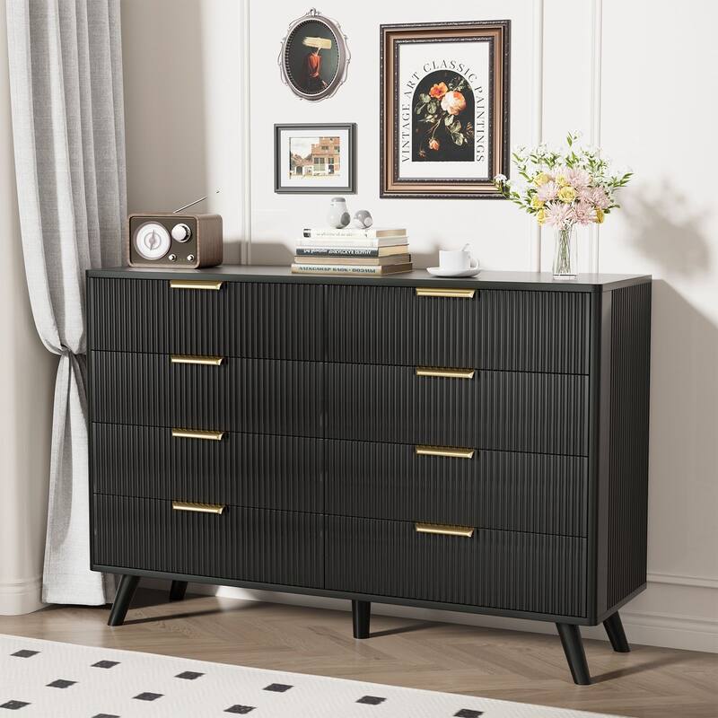 Gymojoy 8 Drawer Fluted Dresser for Bedroom, Modern Wave Pattern Wood Chest with Gold Handles, Boho Storage Dresser