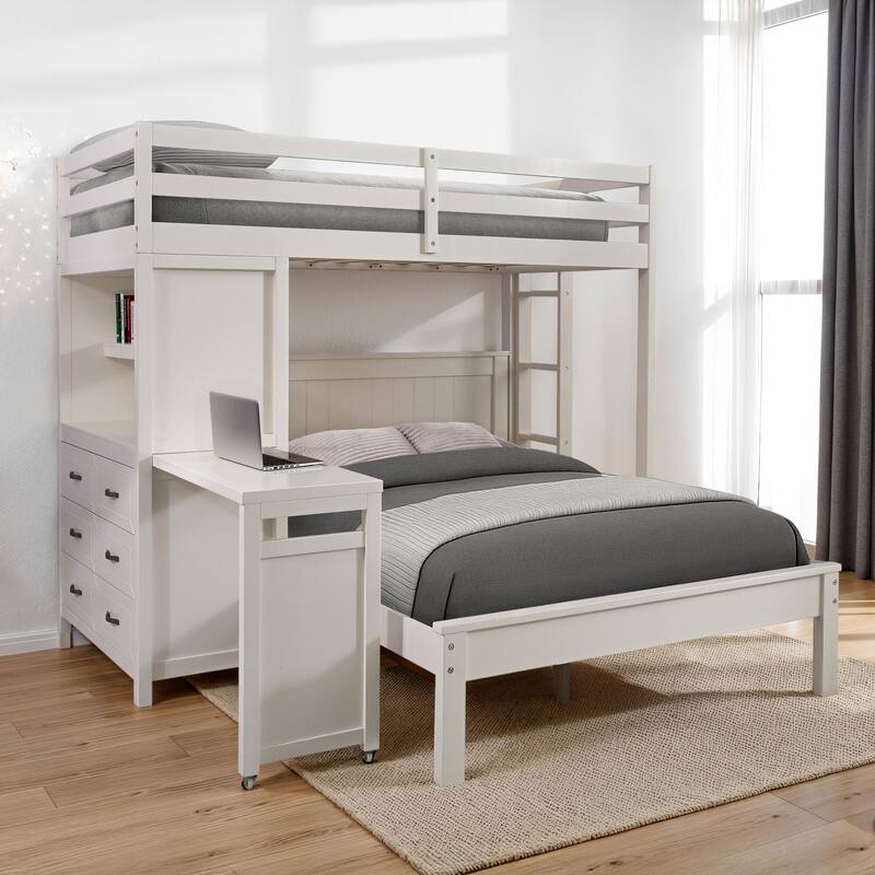 Furniture of America Elyra Modern Twin Over Full 3-in-1 White Solid Pinewood Loft Bed with Bookcase, Desk and USB Port - White