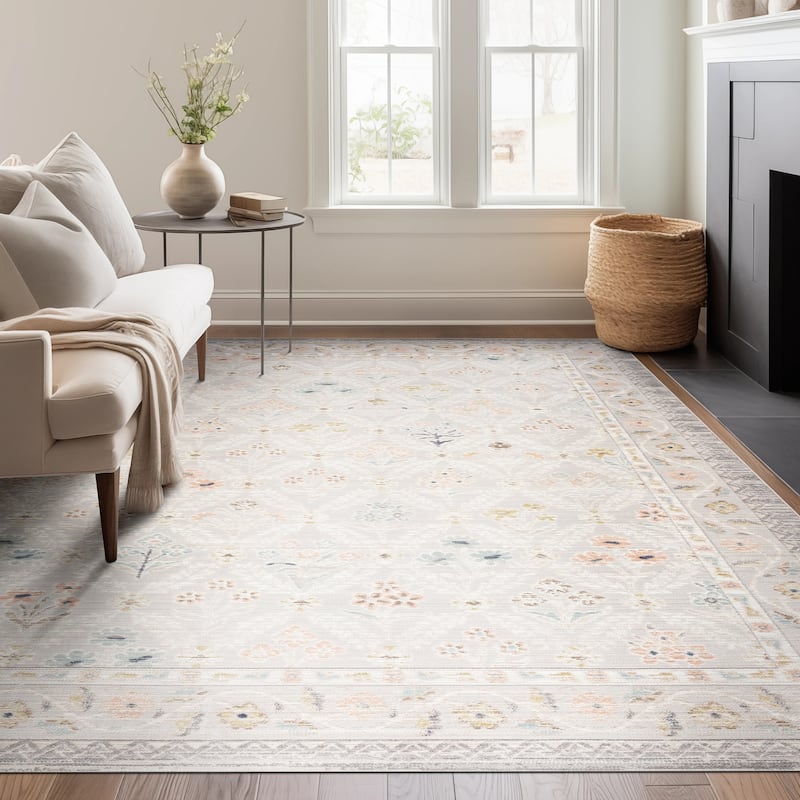 Crosswood Camilla Traditional Floral Indoor Polyester Area Rug - 5'3'' x 7' - Gray/Aqua