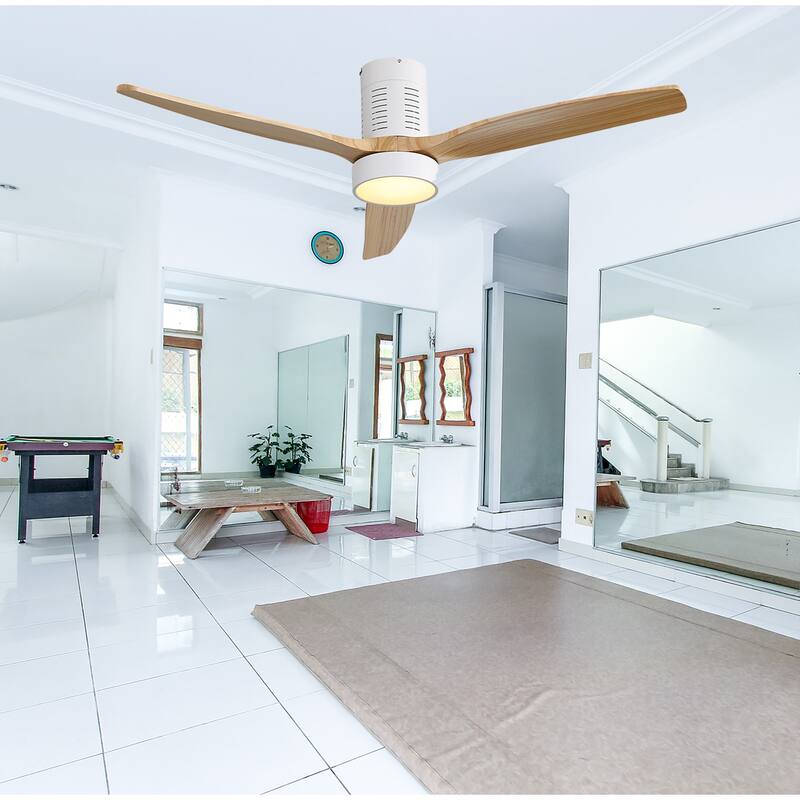 52" Flush Mount Wood Ceiling Fan with Dimmable LED Light and Remote Control