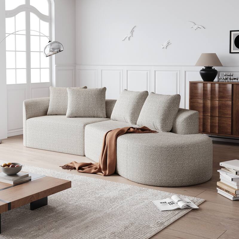 Modular Curved Sectional Sofa, Oversized Chenille Cloud Couch, Compressed Upholstered Sofa with 4 Throw Pillows