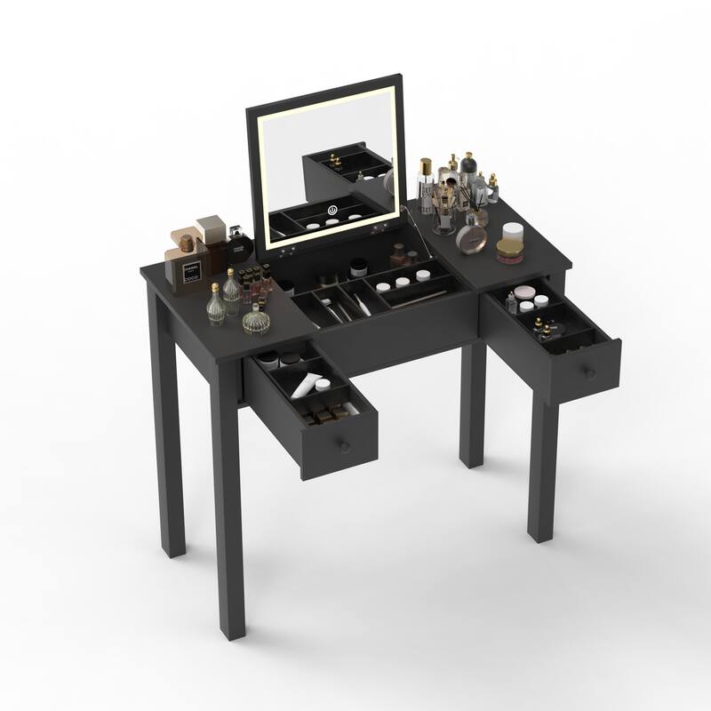 Small Flip Top Makeup Table with LED Lights, Mirror, 2 Drawers