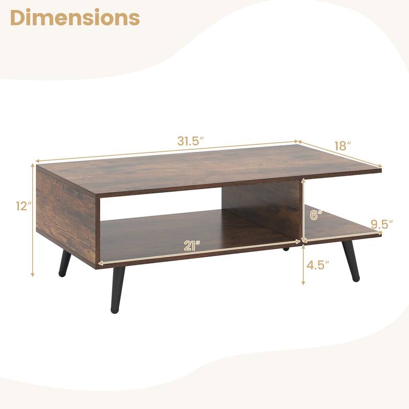 Modern 2-Tier Wood Coffee Table with Open Storage Shelf and 4 Metal Legs for Living Room - 31.5" x 18" x 12"