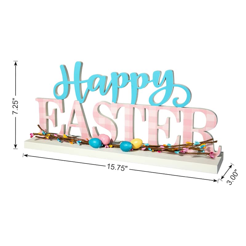 Glitzhome Wooden EASTER HOP Happy Easter with Artificial Rattan Table Sign Decor Centerpiece