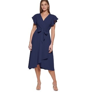 DKNY womens Faux Wrap Flutter Sleeve Midi Dress at Women’s Clothing store