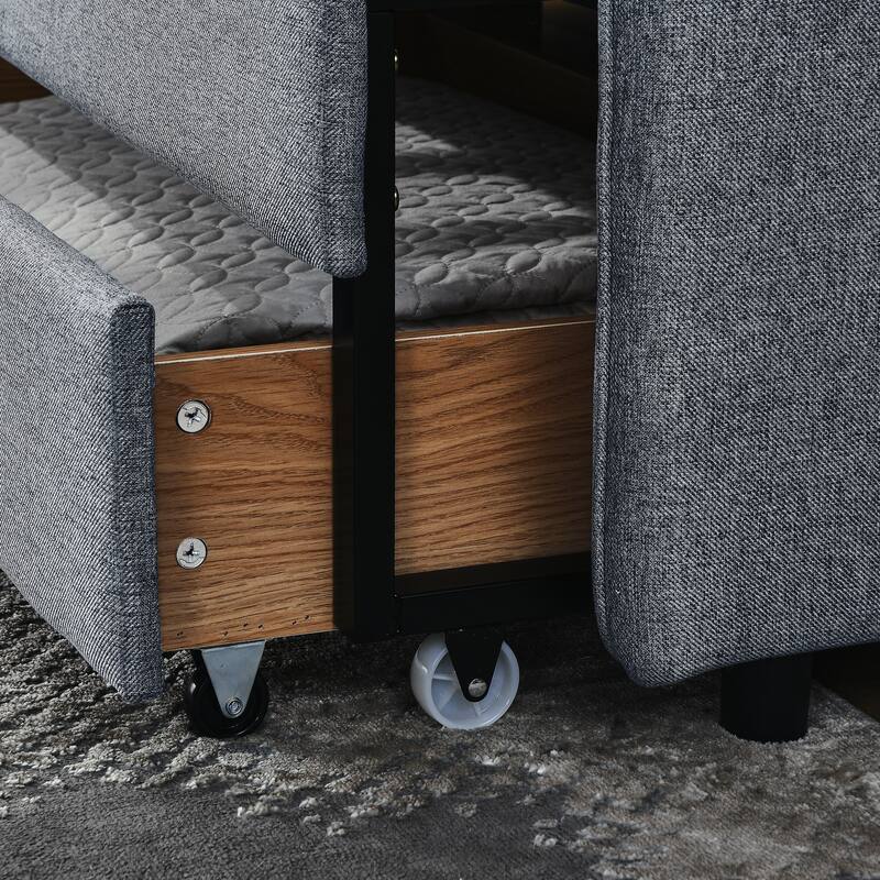 Grey Twin Size Upholstered Daybed with Trundle and Two Storage Drawers