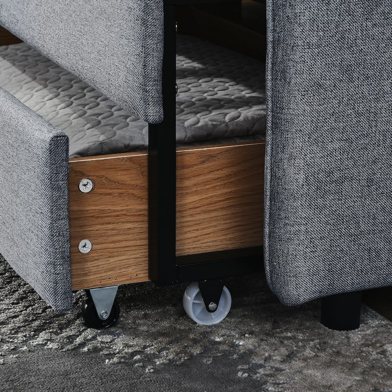 Roomfitters Twin Upholstered Daybed with Trundle, Underbed Storage and Flat Arms with Side Pocket, Extendable Design