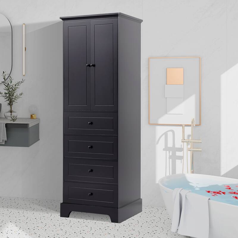 Freestanding Storage Cabinet with 2 Doors and 4 Drawers - Black