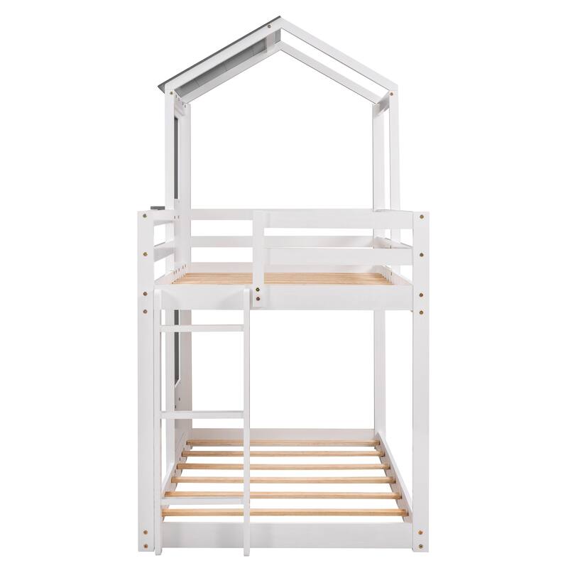 Twin over Twin Solid Wood Bunk Bed with Roof & Ladder