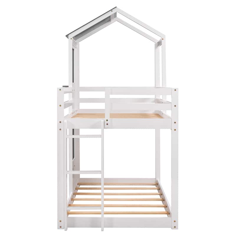 White Twin Over Twin Playhouse Bunk Bed with Roof, Window, Ladder & Guardrail - Space Saving Kids Bed