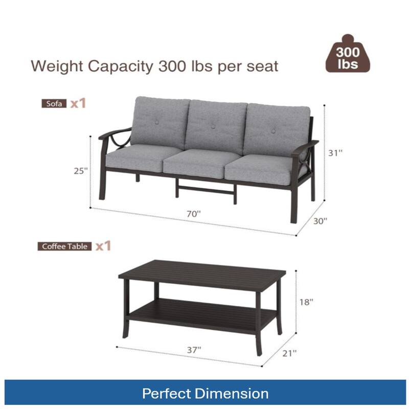 70" 3-Seat Patio Sofa and Rectangular coffee Table with Gray Cushions