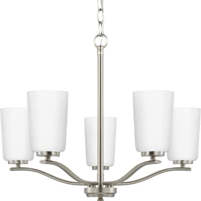Adley Collection Five-Light Brushed Nickel Etched White Opal Glass New Traditional Chandelier - 22.87 in x 22.87 in x 17.25 in