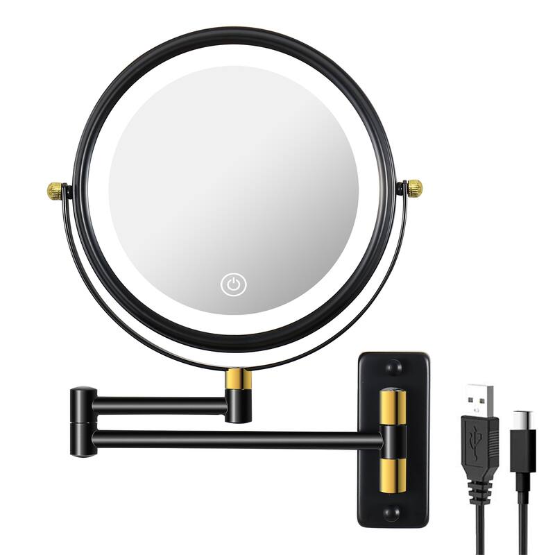 360° Swivel Wall Mounted Makeup Mirror with LED Lights & Extension Arm, 8.6"/8"in. Double Sided 1X/10X Magnifying Mirror - Black + Gold