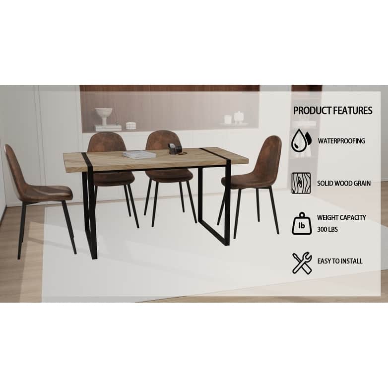 5-Piece Modern Dining Table Set, 59 Inch Light Wood MDF Table & 4 Suede Chairs, Medieval Style Design