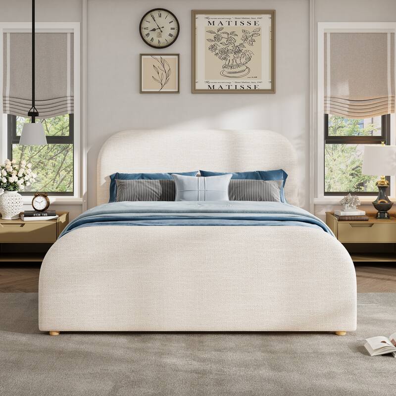 King/Queen/Twin Bed Frame with Linen Curved Headboard & Solid Wood Legs
