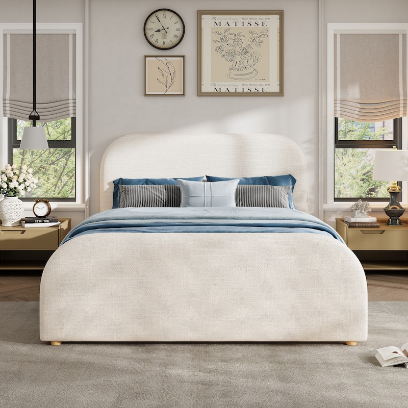 Queen Size Bed Frame with Linen Upholstered Headboard and Solid Wood Legs