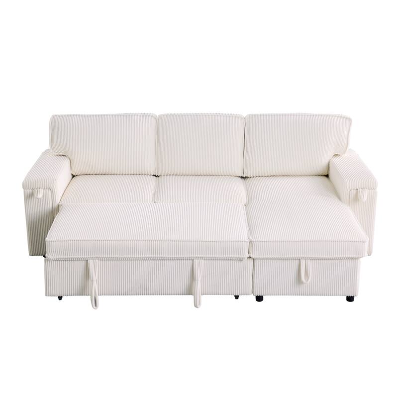 Pull Out Sleeper Sectional Sofa Bed Corduroy L-shaped Couch with Reversible Storage Chaise, Side Pockets and Hidden Cup Holders