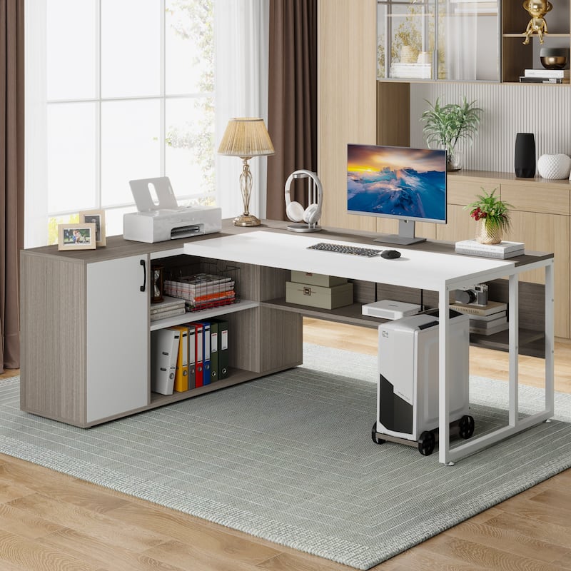 71 inch L Shaped Executive Desk with Cabinet, Corner Computer Desk (Rustic Brown)