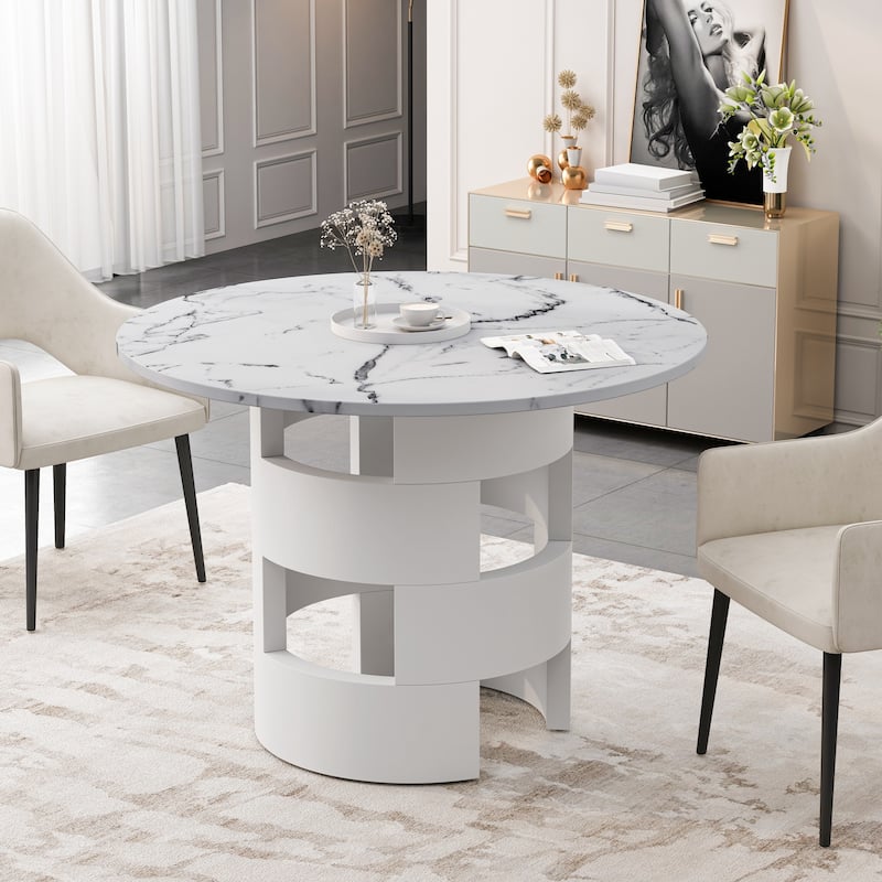 Modern Round Dining Table with Printed Black Marble Table Top - Bed ...