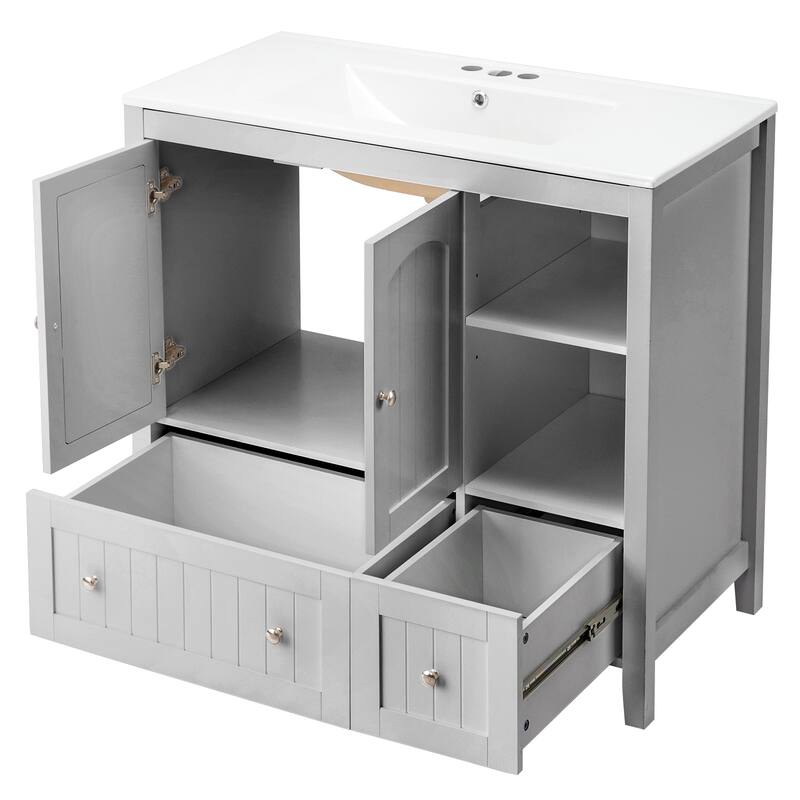 Modern Lacquered Bathroom Organizer Cabinet with Two Drawers and Dual Doors for Storage - 35.82”(H) x 18.11(W) x 32.28 (D)