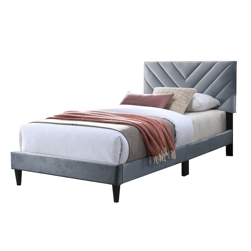 Velvet Upholstered Adjustable Headboard Full Bed with V-stitching Design - Gray