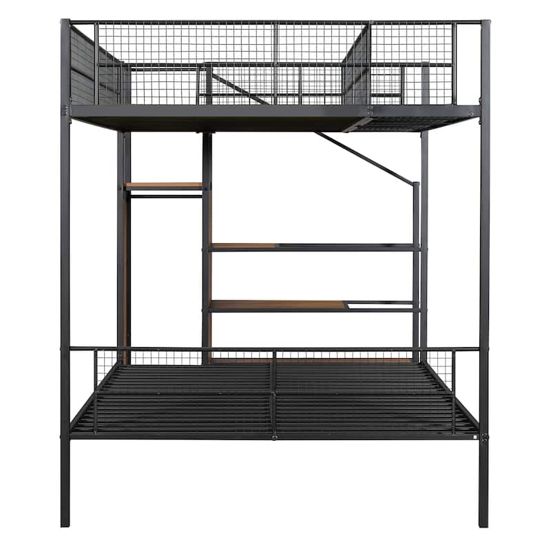 Space-Saving Twin Over Full Metal Bunk Bed with Wardrobe and Practical Step Ladder