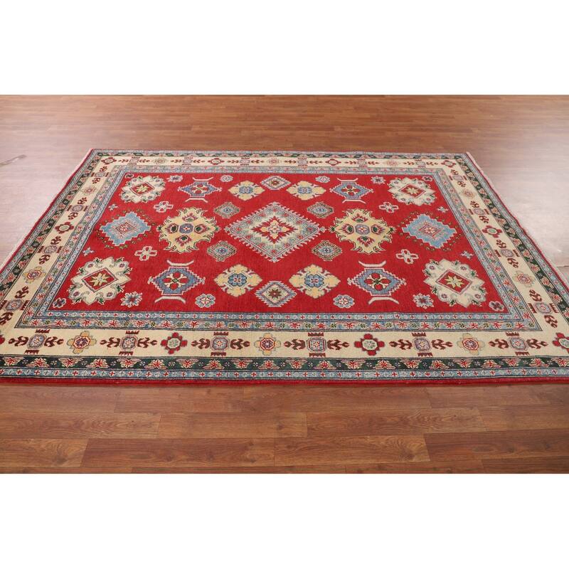 Red Geometric Kazak Oriental Area Rug Dining Room Handmade Wool Carpet - 5'6" x 7'10"