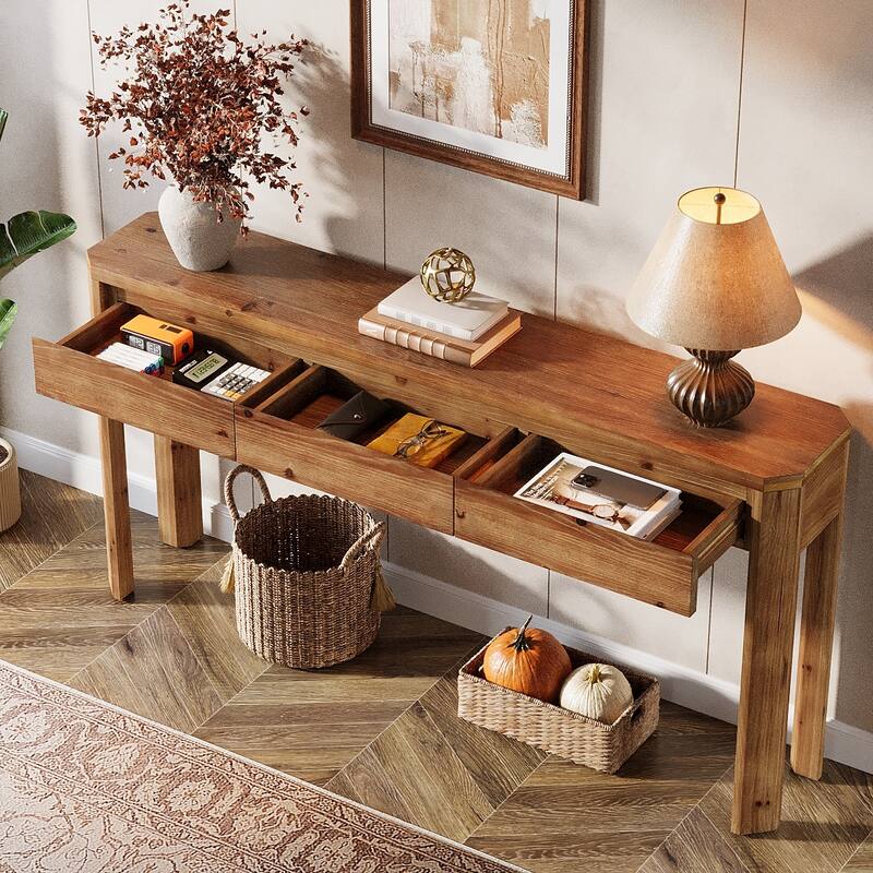 63 Inch Solid Wood Console Table with 3 Drawers, Sofa Table Behind the Couch, Farmhouse Style - 11.81" D x 62.99" W x 31.5" H