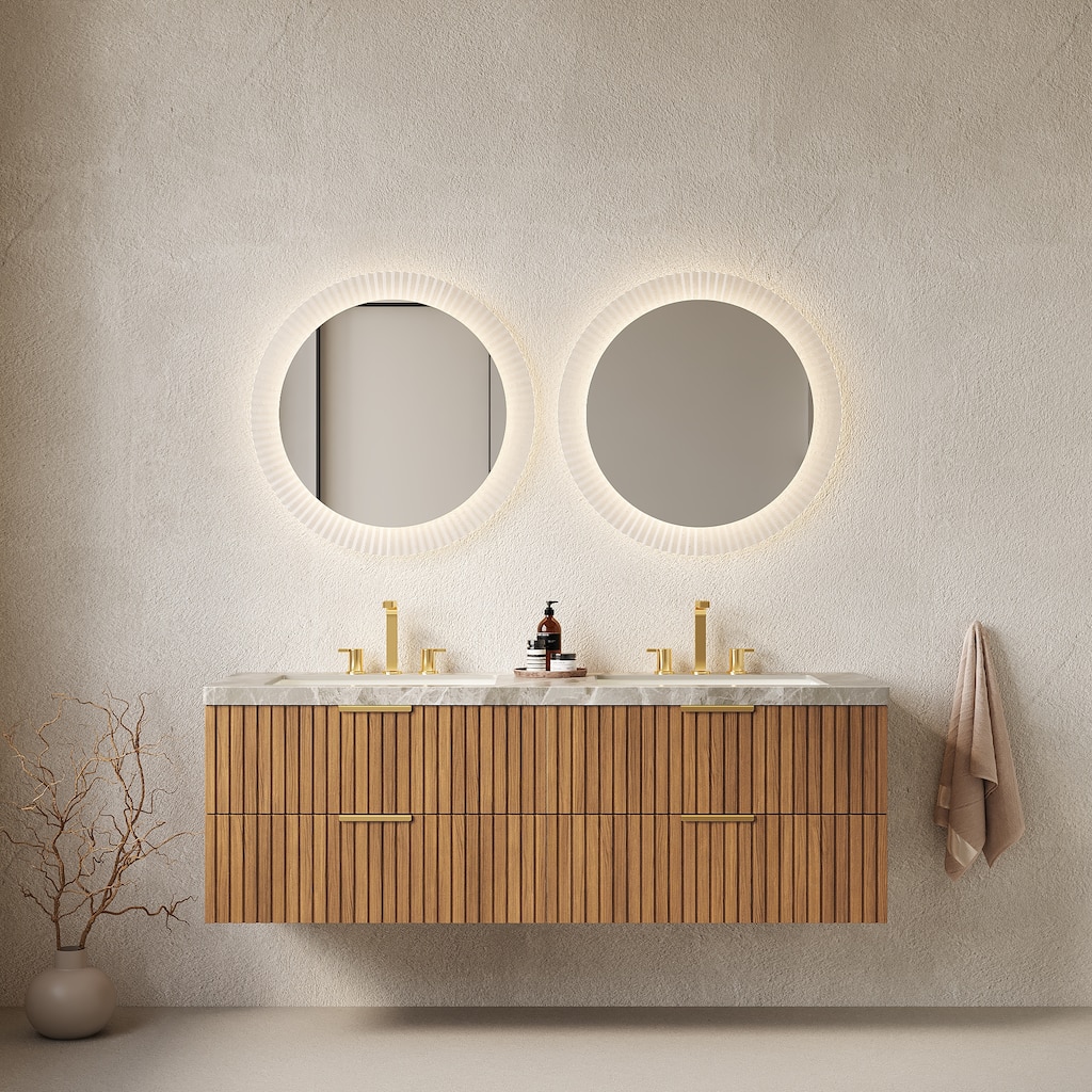 GDFStudio - Elio Modern 60" Floating Bathroom Vanity with Double Ceramic Basins & Sintered Stone Countertop, WITHOUT Faucets