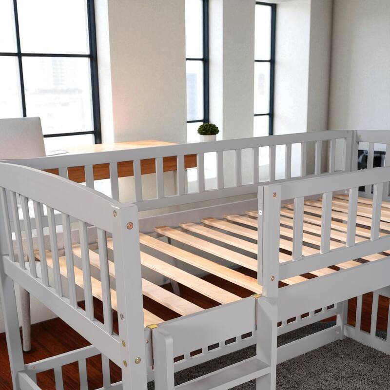 Twin Over Twin / Full Over Full Bunk Bed with Slide and Fence, Low Wood Frame with Ladder for Kids and Teens