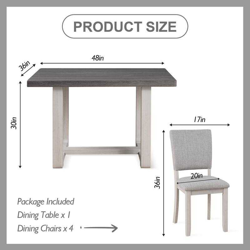 Rossetta 5-Piece Wood Transitional Farmhouse Style Dining Table Set with U-Shaped Trestle Base Table, 4 Upholstered Side Chairs
