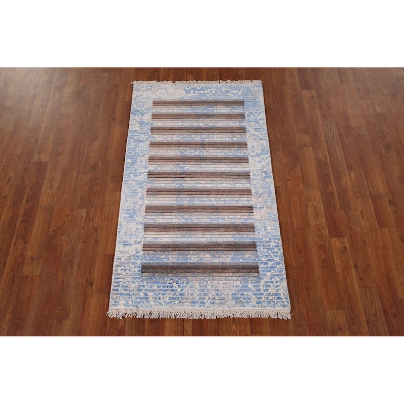 Striped / Modern Abstract Foyer Rug Hand-Knotted Wool Carpet - 2'8" x 4'7"