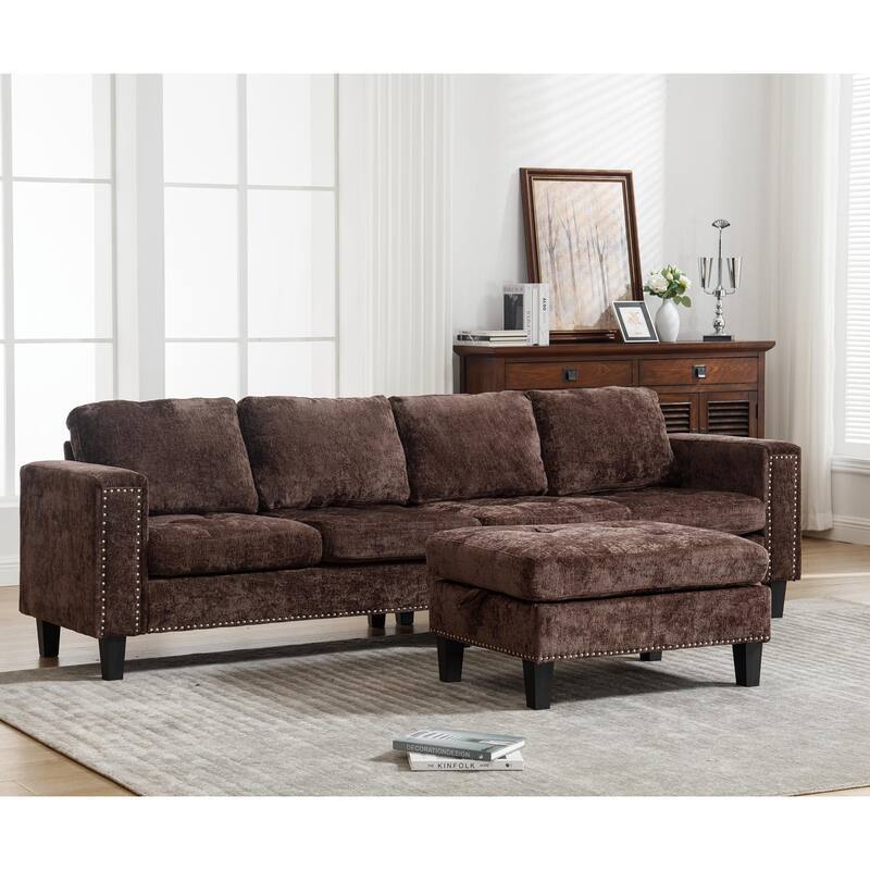 Contemporary Modular Sectional Sofa with Chenille Upholstery and Storage Ottoman for Living Room or Guest Room